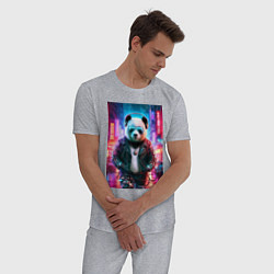 Пижама хлопковая мужская Панда в ночном Пекине - киберпанк - нейросеть, цвет: меланж — фото 2
