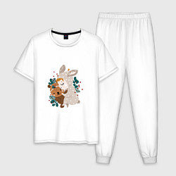 Пижама хлопковая мужская Малыш зайка с медвежонком, цвет: белый