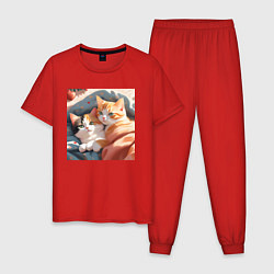 Пижама хлопковая мужская Милые котята под одеялом, цвет: красный