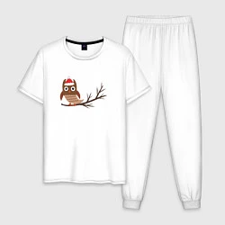Пижама хлопковая мужская Новогодняя сова на ветке, цвет: белый