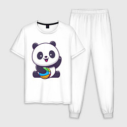 Пижама хлопковая мужская Панда с мячиком, цвет: белый