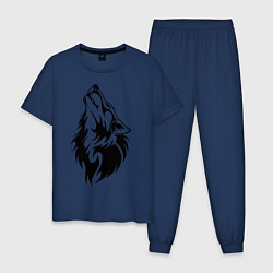 Пижама хлопковая мужская Воющий волк, цвет: тёмно-синий