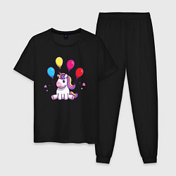 Пижама хлопковая мужская Единорог и шарики, цвет: черный