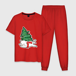 Пижама хлопковая мужская Котик против елки, цвет: красный