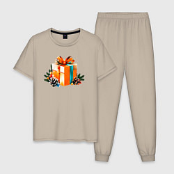 Пижама хлопковая мужская Новогодний подарок сюрприз, цвет: миндальный