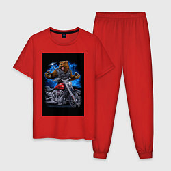 Пижама хлопковая мужская Медведь байкер с мотоциклом, цвет: красный