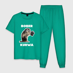 Пижама хлопковая мужская Bobr kurwa with hat, цвет: зеленый
