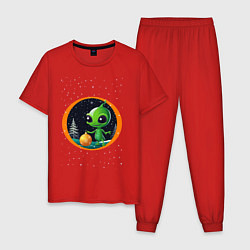 Пижама хлопковая мужская Зелёненький человечек, цвет: красный