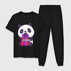 Пижама хлопковая мужская Панда с подарком, цвет: черный