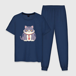 Пижама хлопковая мужская Важный кот с галстуком, цвет: тёмно-синий