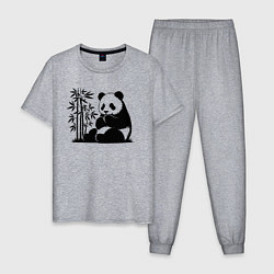 Пижама хлопковая мужская Сидящая чёрная панда рядом с бамбуком, цвет: меланж