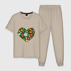 Пижама хлопковая мужская Сердце из цветов и травы, цвет: миндальный