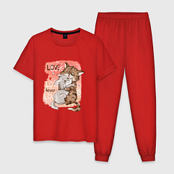 Пижама хлопковая мужская Влюбленные мультяшные коты, цвет: красный