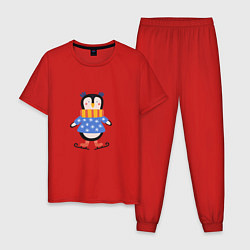 Пижама хлопковая мужская Пингвин фигурист, цвет: красный