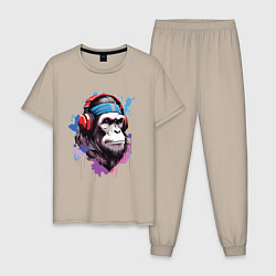Пижама хлопковая мужская Шимпанзе в наушниках, цвет: миндальный