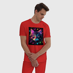 Пижама хлопковая мужская Неоновый котэ в цветах на черном фоне, цвет: красный — фото 2