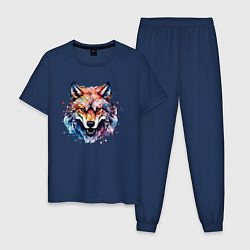 Пижама хлопковая мужская Волк акварель 1, цвет: тёмно-синий