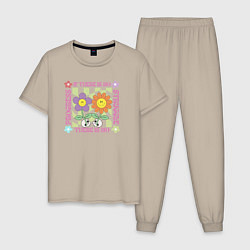 Пижама хлопковая мужская Цветы ретро, цвет: миндальный