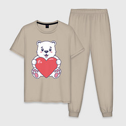 Пижама хлопковая мужская Белый медведь с сердцем, цвет: миндальный