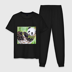 Пижама хлопковая мужская Панда медвед, цвет: черный