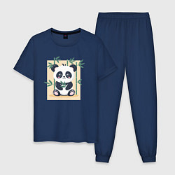 Пижама хлопковая мужская Панда кушает бамбук, цвет: тёмно-синий