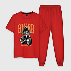Пижама хлопковая мужская Байкер медведь на мотоцикле, цвет: красный