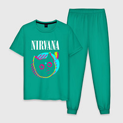 Пижама хлопковая мужская Nirvana rock star cat, цвет: зеленый