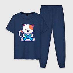Пижама хлопковая мужская Котик с джойстиком, цвет: тёмно-синий