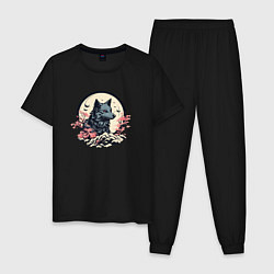 Пижама хлопковая мужская Черный волк в горах, цвет: черный