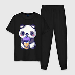 Пижама хлопковая мужская Panda drink, цвет: черный