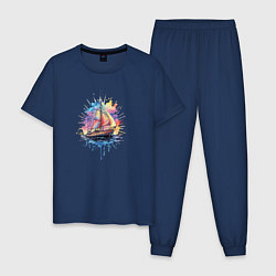 Пижама хлопковая мужская Парусник на закате, цвет: тёмно-синий