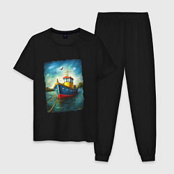 Пижама хлопковая мужская Кораблик у причала, цвет: черный