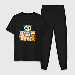 Пижама хлопковая мужская Семья сов, цвет: черный