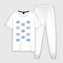 Пижама хлопковая мужская Глаза с ресницами узор, цвет: белый
