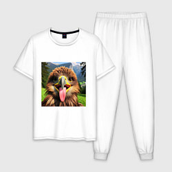 Пижама хлопковая мужская Забавный орел с высунутым языком в горах, цвет: белый