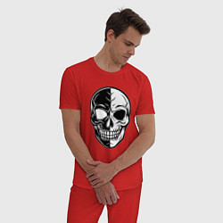 Пижама хлопковая мужская Черно белый череп, цвет: красный — фото 2