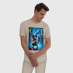 Пижама хлопковая мужская Cyber Pikachu - neon glow ai art, цвет: миндальный — фото 2