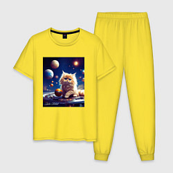 Пижама хлопковая мужская Котик космос, цвет: желтый