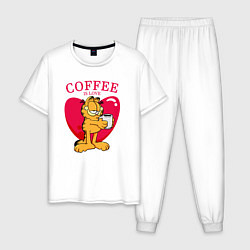 Пижама хлопковая мужская Coffee is love Гарфилд, цвет: белый
