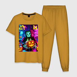 Пижама хлопковая мужская Minecraft and halloween collaboration - ai art, цвет: горчичный