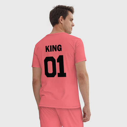 Мужская пижама Черная футбольная надпись: король с номером 01 / Коралловый – фото 4