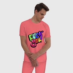 Пижама хлопковая мужская Fuck you multicolor, цвет: коралловый — фото 2