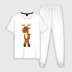 Пижама хлопковая мужская Забавный добрый лось с рогами, цвет: белый