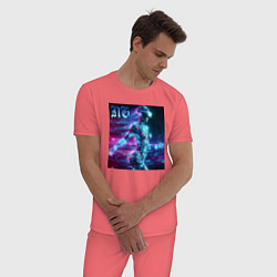 Пижама хлопковая мужская Neon cyber girl - ai art, цвет: коралловый — фото 2