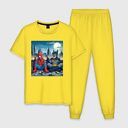 Пижама хлопковая мужская Человек паук и Бэтмен пьют пиво на крыше небоскрёб, цвет: желтый
