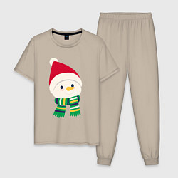 Пижама хлопковая мужская Праздничный снеговик в красной шапочке, цвет: миндальный