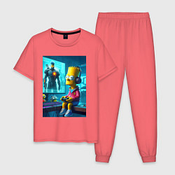 Пижама хлопковая мужская Bart Simpson is an avid gamer, цвет: коралловый