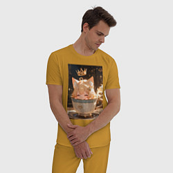 Пижама хлопковая мужская Кошечка с короной в чашке, цвет: горчичный — фото 2