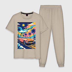 Пижама хлопковая мужская Кабриолет едет по тропическому острову, цвет: миндальный