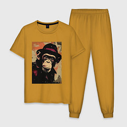 Пижама хлопковая мужская Обезьянка детектив в шляпе, цвет: горчичный